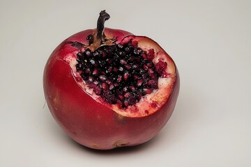 Half-cut pomegranate showcasing bright red seeds against a neutral background