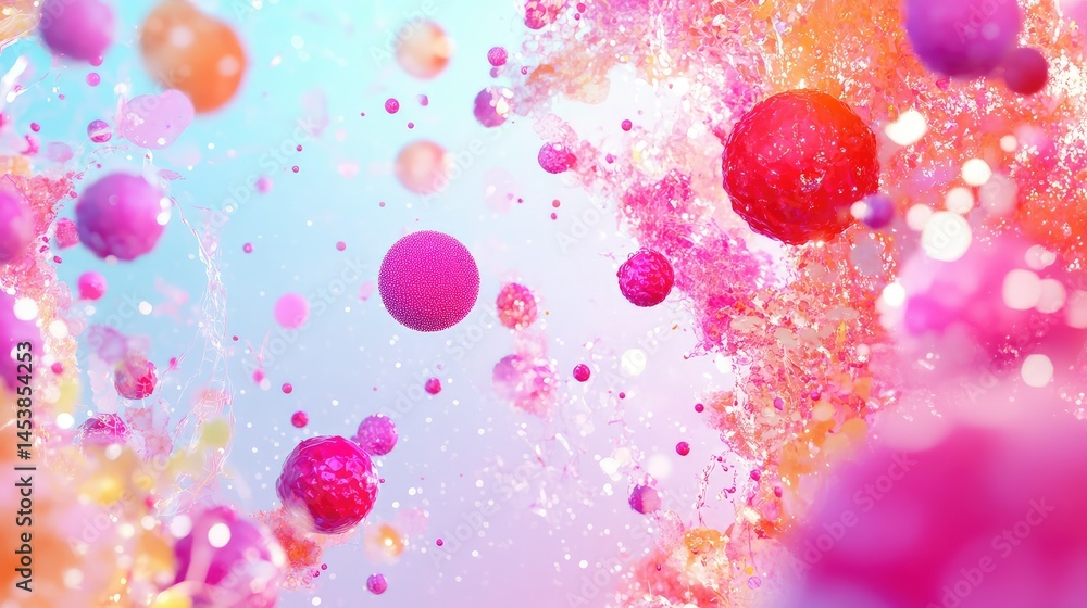 Poster complex cellular structures floating freely in a surreal, luminous fluid environment, emphasizing bi