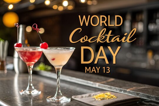 Celebrate World Cocktail Day on May 13 with stylish drinks, elegant glasses, and vibrant bar vibes—perfect for promotions, menus, or cocktail-themed content. generative ai