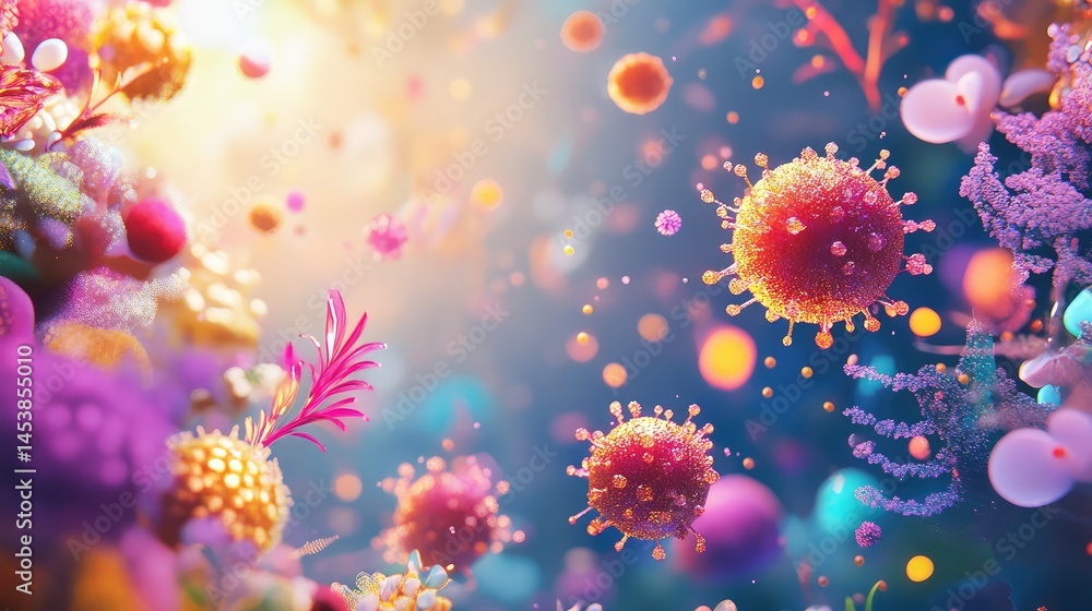 Poster detailed view of translucent cells and tiny organisms illuminated by colorful ambient light in a flo