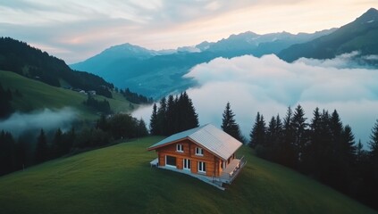 Fototapeta premium Alpine Cabin in Swiss Mountains with Cloudy Peaks