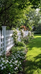 Fototapeta premium White picket fence bordered by lush greenery and sunlight.