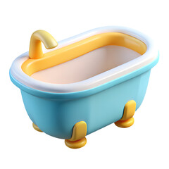 Cartoon bathtub toy in light blue and yellow, 3d render of cute plastic bathroom accessory