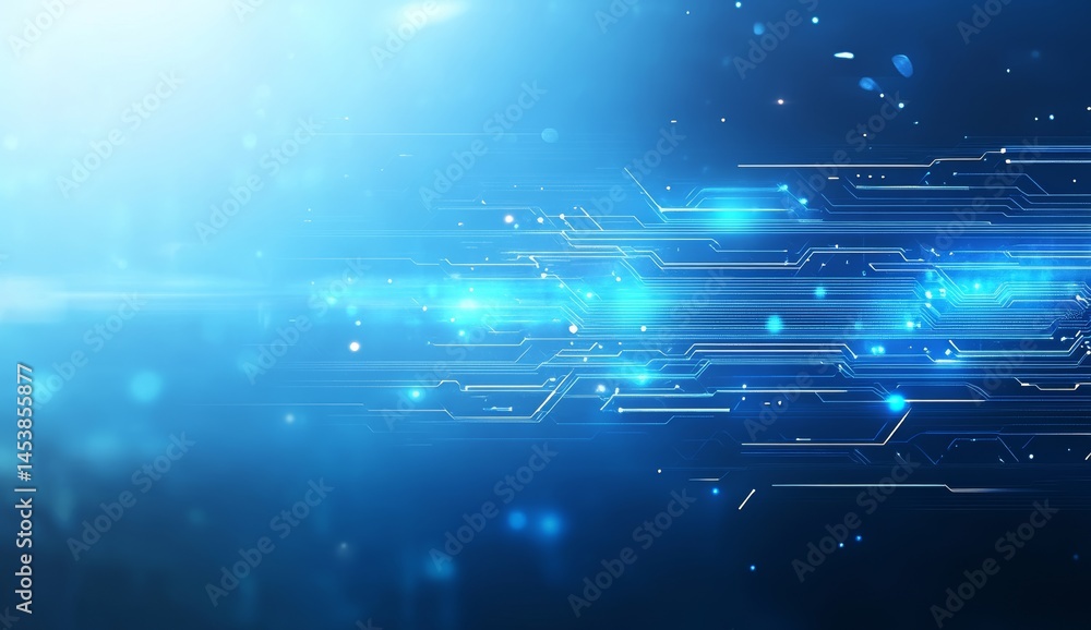 Poster close-up of glowing high-tech circuit board with advanced computer chips on blue background
