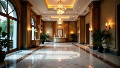 Grand hotel reception, marble floors, crystal chandelier, opulence, hallway