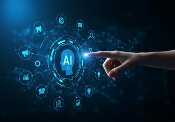 Futuristic hand exploring a vibrant AI interface in an advanced digital space for tech innovation