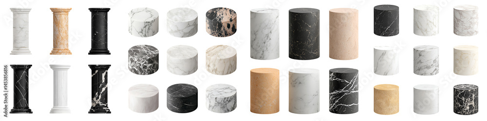 Poster marble columns and pedestals in various shapes and colors. long_title:a collection of elegant marble