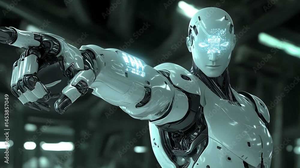 Poster futuristic robot figure pointing with mechanical arm.