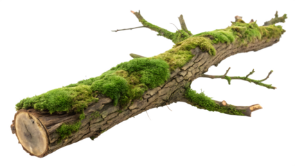 moss covered tree branch cut out isolated on white background PNG. AI GENERATED