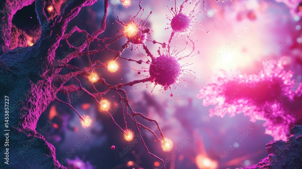 Poster futuristic medical visualization of complex molecular networks interconnected with luminous filament