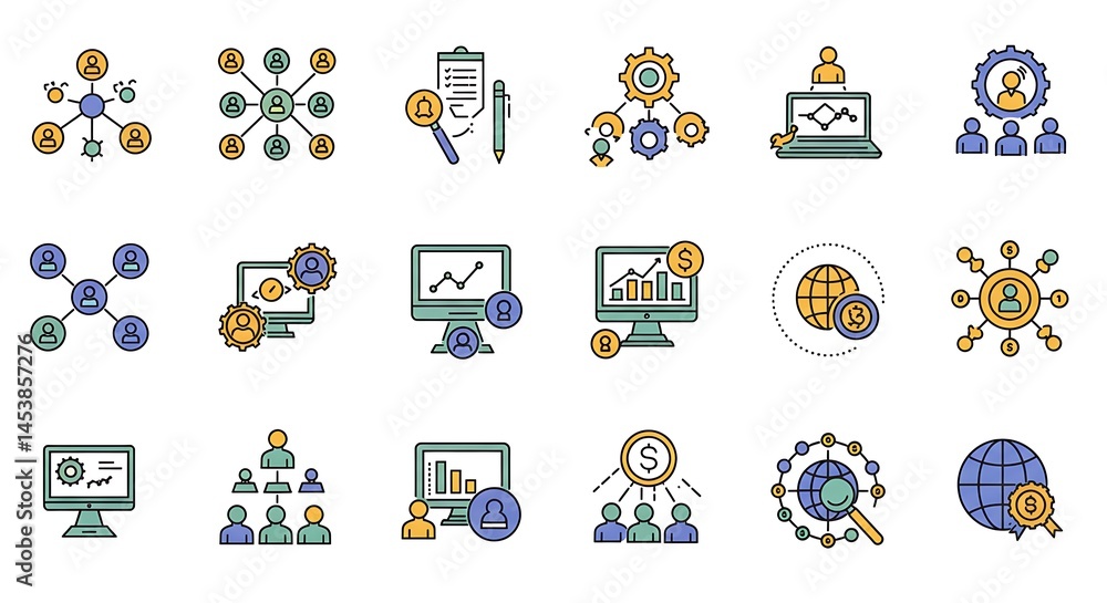 Fototapete a precise grid of ultra-smooth thin line art icons depicting business and technology concepts. each 
