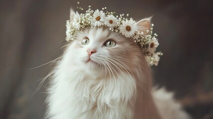 Fluffy cream-colored cat wearing a delicate flower crown.  A regal, adorable feline adorned with a circlet of tiny white flowers, showcasing its elegant features against a soft, muted backdrop