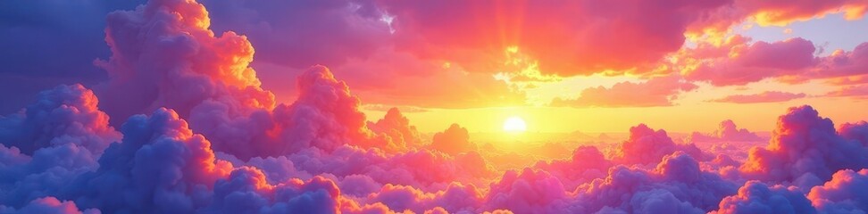 Vibrant rainbow sunset, fluffy clouds Watercolor texture , fantasy, rainbow