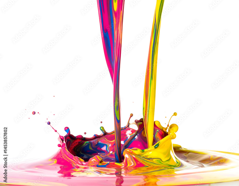 Poster vibrant, dynamic splash of colorful liquid paint, creating an abstract crown. perfect for creative c