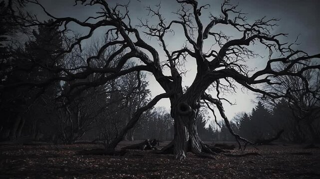 Dark eerie Halloween backdrop featuring twisted trees aged textures moody sky ideal horror intros spooky seasonal design