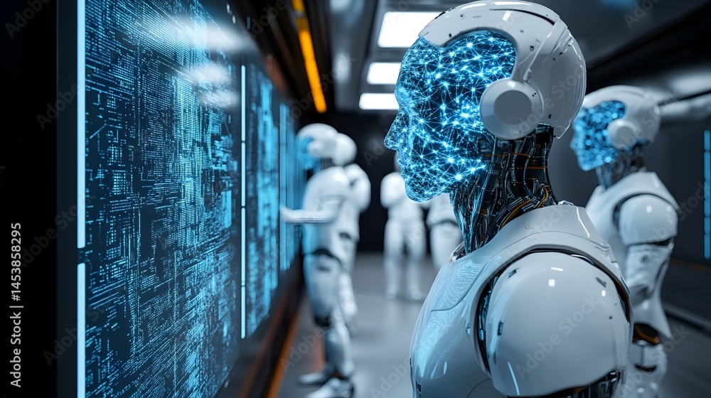 Poster futuristic robots interacting with advanced displays in a corridor.