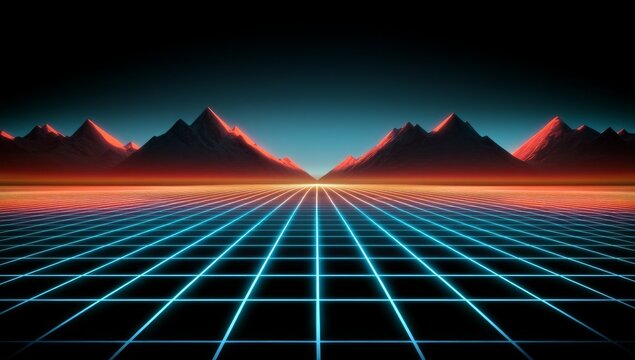 Vibrant neon grid with triangular shapes on black background, 80s retro-futuristic atmosphere for video games and