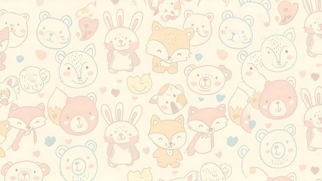 Cute cartoon animals including bears, foxes, and rabbits on a soft pastel background