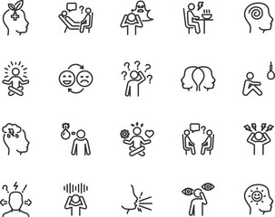 Vector set of mental health line icons. Contains icons stress, depression, paranoia, bipolar, dementia, ptsd, eating disorders, multiple personalities, psychotherapy and more. Pixel perfect.