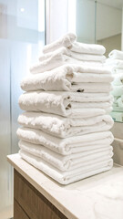 A stack of fluffy white towels on a marble countertop evokes feelings of cleanliness, comfort, and luxury. Perfect for spas, hotels, or bathroom design projects.
