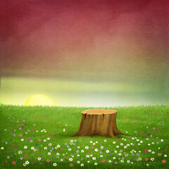 Fantasy fairy tale illustration background with beautiful sunset and green field with 
old stump.