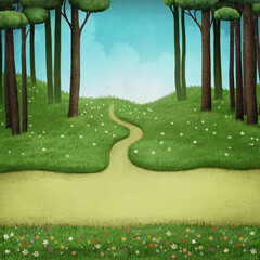 Fantasy fairy tale illustration background with path or road and 
green summer forest. 