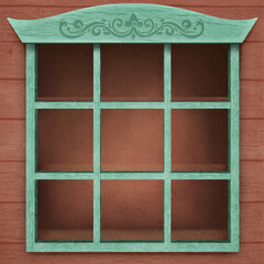 Fantasy fairy tale window illustration background or showcase with wooden
 frame and shelves. 