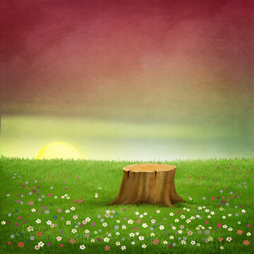 Fantasy fairy tale illustration background with beautiful sunset and green field with 
old stump.