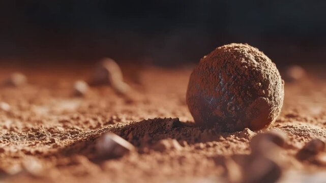 Chocolate truffle ball covered in cocoa powder with sweet round dessert close up and cocoa dust flying in warm, rich atmosphere