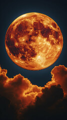 Obraz premium A fiery full moon hangs low in the sky, casting an orange glow on the clouds below