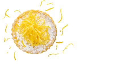 Lemon tart with zest and powdered sugar, top-down composition, isolated on white