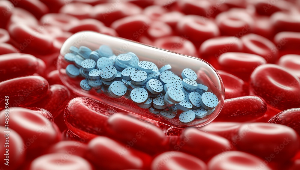 Poster 3d capsule with microchips floating in red liquid