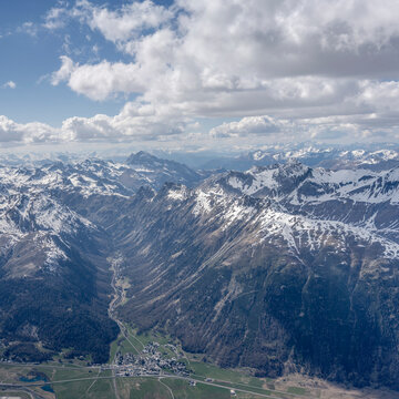 aerial landscape with Bever village and valley, Switzerland