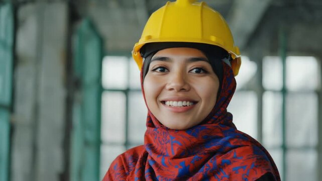A smiling woman engineer and construction worker in a yellow hard hat represents the building industry