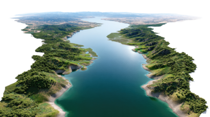 Scenic River Flow: A picturesque aerial view showcases a serene river winding gracefully through a lush, vibrant landscape, reflecting the clear sky above. Embracing the tranquil harmony of nature.