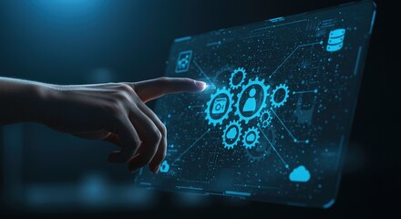 Automation of business or robotic process RPA technology. Futuristic blue interface with charts, icons, and connecting lines in the background.