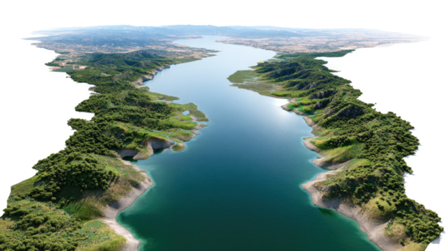 Scenic River Flow: A picturesque aerial view showcases a serene river winding gracefully through a lush, vibrant landscape, reflecting the clear sky above. Embracing the tranquil harmony of nature.