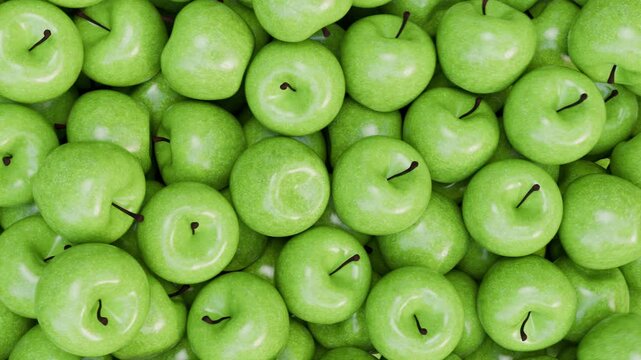 Wooden table filled with green apples. Wooden board for your design covered with green apples. Green apples. Vitamins. Summer, spring video background. Fruits. Fruit advertising. Apple design.