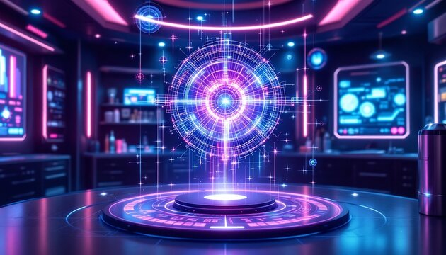Futuristic Technology Hub With Glowing Holographic Circle And Neon Lighting