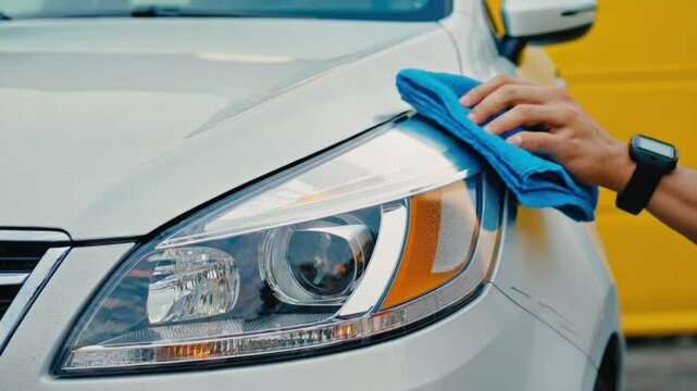 A silver luxury car person cleaning 