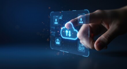 Automation of business or robotic process RPA technology. Futuristic blue interface with charts, icons, and connecting lines in the background.