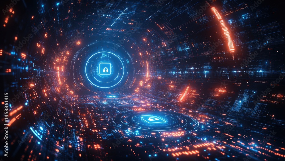 Poster intricate digital tunnel with glowing circuits and a security symbol.