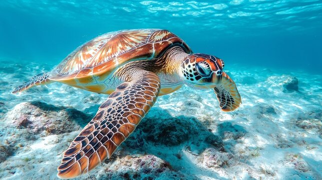 A vibrant sea turtle swims effortlessly under the waves, showcasing its stunning shell patterns
