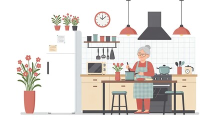Person Cooking Food in Kitchen Interior Illustration