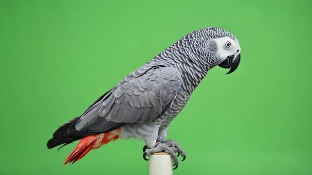 A gray parrot perched on a white stand against a vibrant green backdrop in a studio setting green screen video