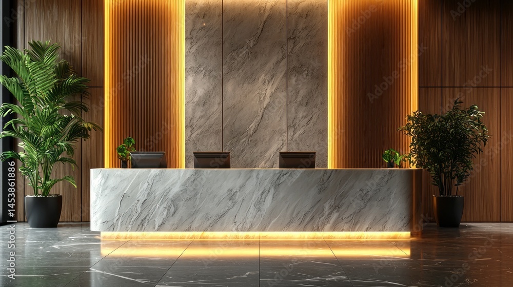 Poster a stylish reception area features a sleek stone counter illuminated by soft orange lighting against 