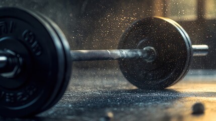 A close-up of weight plates on a barbell with chalk dust floating