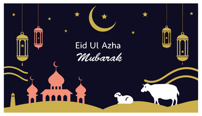 Naklejka premium Cute Eid Mubarak Cartoon Illustration with Sheep, Mosque, and Lanterns with vector design