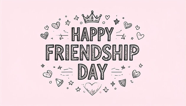 a pink background with a black hand drawn card standing out prominently in the center. the card carries a message of friendship and celebration, specifically a "happy friendship day" greeting
