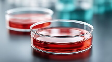 Scientific Research: Petri Dishes with Red Liquid for Experiment, Medical Test in Laboratory